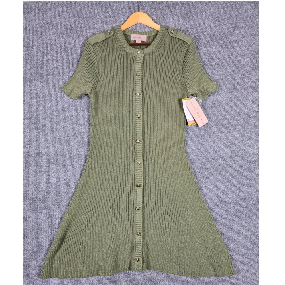 French Connection Olive Ribbed Button Front Short Sleeve Sweater Dress Medium